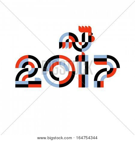 New Year design with silhouette of multicolored mosaic rooster. Modern flat vector illustration of cock as symbol of 2017 year on the Chinese calendar