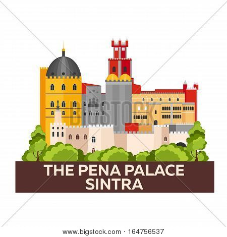 Travel To Spain Skyline. The Pena Palace. Sintra. Vector Flat Illustration.