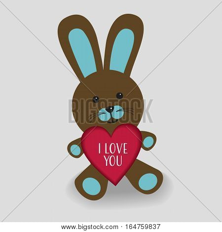 Blue bunny with heart I love you illustration and a small shade on grey background