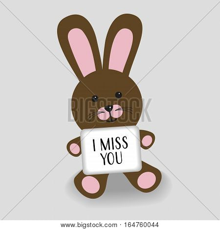 Pink bunny with message I miss you illustration on grey background