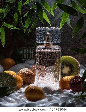 The bottle of perfume stand on the white stones with different kinds of fruits around the bottle and green leaves above the bottle. Black background with light rain.