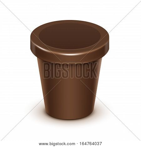 Vector Brown Blank Food Plastic Tub Bucket Container For Chocolate Dessert, Yogurt, Ice Cream, Sour Cream with Label for Package Design Mock Up Close up Isolated on White Background