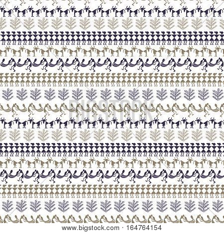 Warli Art painting seamless pattern - hand drawn traditional the ancient tribal art India. Pictorial language is matched by a rudimentary technique depicting rural life of the inhabitants of India