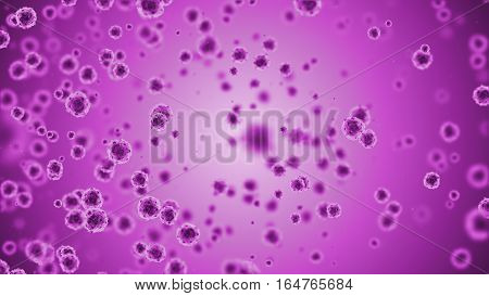 Herpes virus or germs microorganism cells under microscope. Fast multiplication of bacteria. Infection and microbe. Microbiology popular scientific background. High Quality 3D Render.