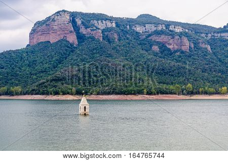 Church Tower In Sau Reservoir, Catalonia, Spain