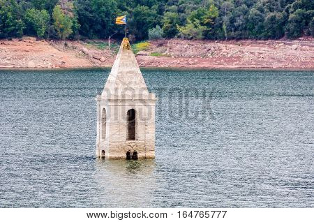 Church Tower In Sau Reservoir, Catalonia, Spain