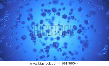 Abstract spherical virus or germs microorganism cells under microscope. Fast multiplication of bacteria. Infection and microbe. Microbiology popular scientific background. High Quality 3D Render.