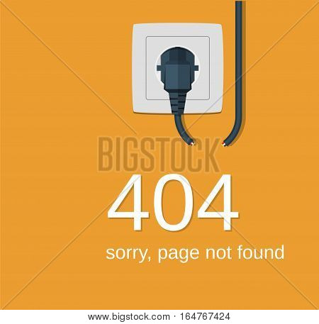 Electricity plug and socket disabled. 404 Error, page not found. Connection error. Vector illustration in flat design.