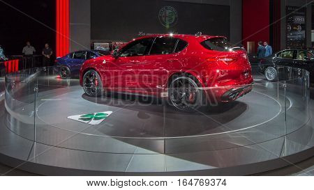 DETROIT MI/USA - JANUARY 9 2017: A 2018 2017 Alfa Romeo Stelvio car at the North American International Auto Show (NAIAS).