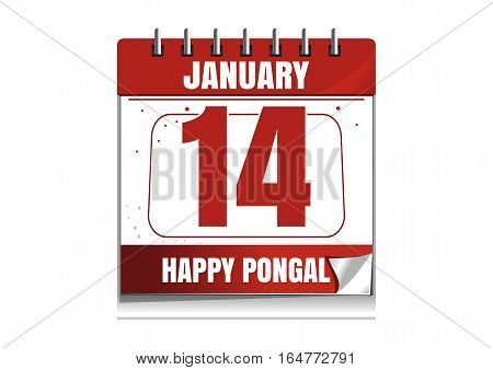 Red wall calendar. 14th January. Holiday date. Happy Pongal. Vector illustration isolated on white background