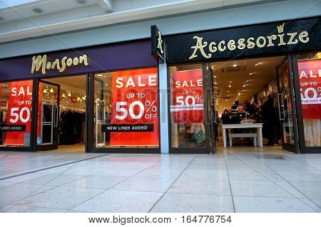 Basingstoke, Uk - January 04 2017: Shop Fronts Of Monsoon And Accessorize Fashion Stores With 50% Of
