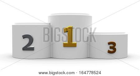 White cylinder podium with three rank places three-dimensional rendering 3D illustration