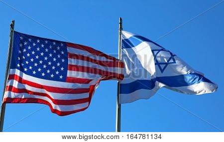 Blue Sky With American Flag And The Israeli Flag