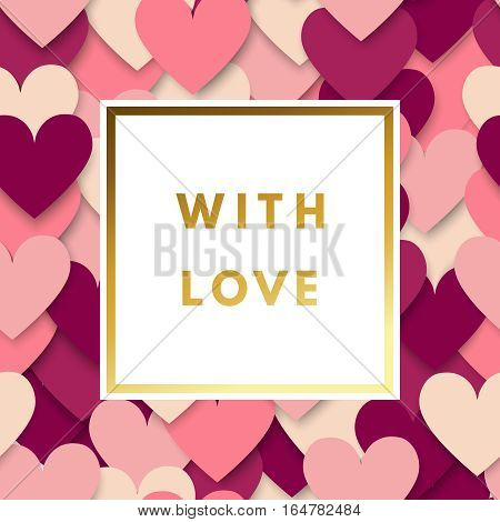 Romantic love creative, printable journaling, Valentine day greeting card. Gold minimal logo in frame on abstract background. Design for banner, poster, flyer, package template. Hello february