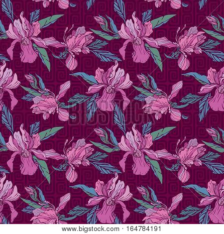 Seamless pattern with orchid flowers on violet background. Luxery background for summer holidays or vacation design.