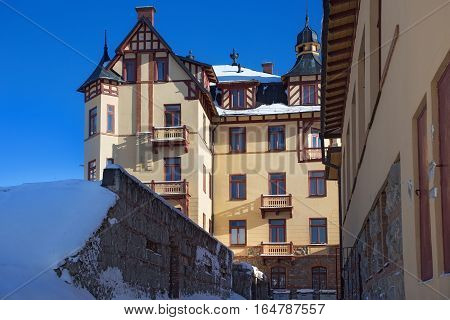 SLOVAKIA STARY SMOKOVEC - JANUARY 06 2015: View of the Grand Hotel in popular resort Stary Smokovec (High Tatras mountains) with half-timbered elements. The hotel was established in 1904.