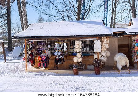 SLOVAKIA STARY SMOKOVEC - JANUARY 06 2015: Small street store in Stary Smokovec in High Tatras mountains. Is a popular resort for skiing and hiking at an altitude of 990 m a.s.l.