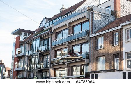 Facades of old and new houses in Koksijde Belgium