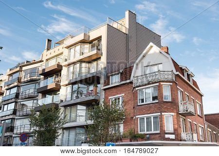 Facades of old and new houses in Koksijde Belgium