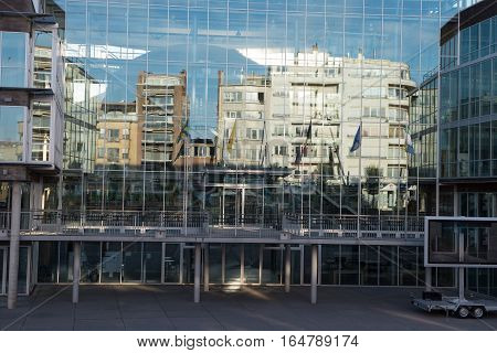 Reflections in the glass front from the town hall in Koksijde