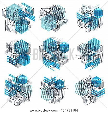 Abstract 3D Shapes Compositions, Vector Isometric Backgrounds. Compositions Of Cubes, Hexagons, Squa