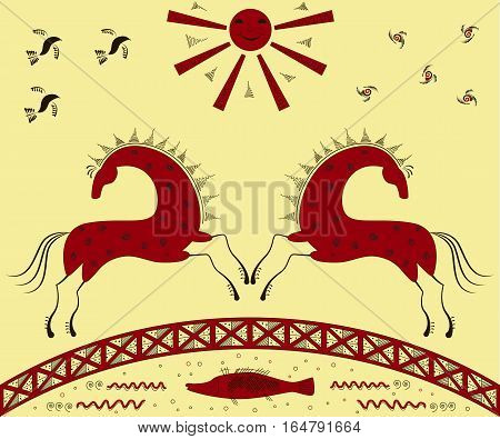 Abstract ethnic pattern tribal background, red horse. Mezen painting. Vector illustration. eps10