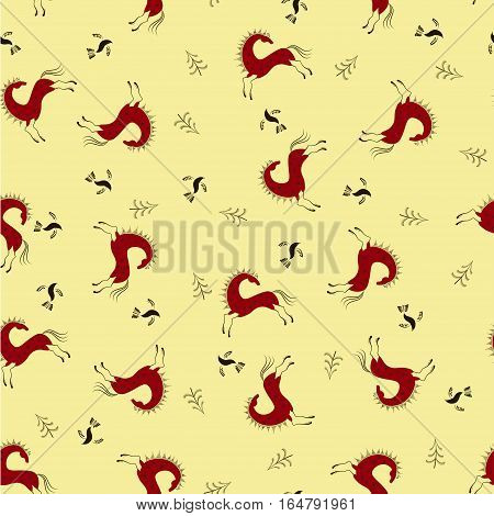 Abstract ethnic seamless pattern, tribal background, red horse. Mezen painting. Vector illustration. eps10