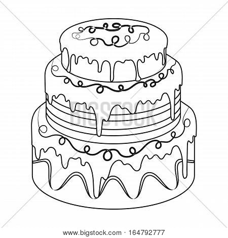 Blue three-ply cake icon in outline design isolated on white background. Cakes symbol stock vector illustration.