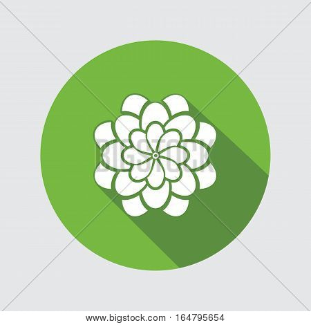 Flower icon. Dahlia, aster, daisy, chrysanthemum, gowan. Summer, autumn floral symbol. Round green flat sign with long shadow. Vector isolated.