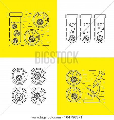 Vector illustration of cells of microorganisms, viruses, DNA and RNA. Cells of different pathogens and viruses drawn in a linear style, are icons of the cells.
