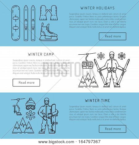 Vector linear icons set of symbols denoting the various types of winter recreation and pastimes such as skiing, snowboarding, skating. The types of winter recreation.