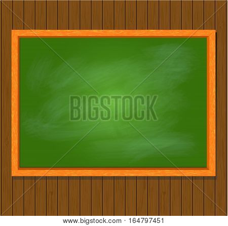 Greenboard with wood frame on brown wooden plank background. Vector illustration.