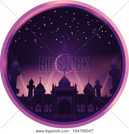 Purple color sky night landscape with mosque, crescent, in the circle border, vector Illustration