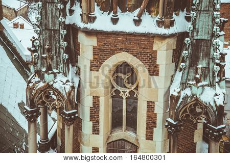 entrence of Gothic Church in cold winter day
