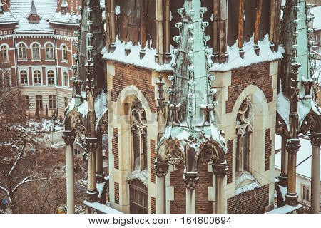 entrence of Gothic Church in cold winter day