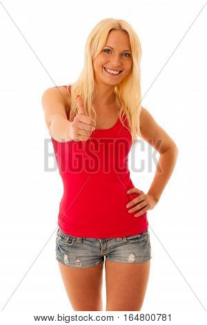 Success - Woman Un Summer Outfit Shows Thumb Up
