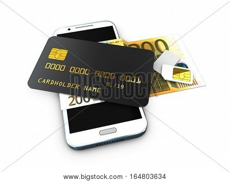 3D Illustration Of Detailed Black Locked Credit Card On The Phone With Simcard Isolated White Backgr