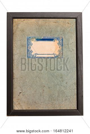 Old paper texture background with blue ornaments in wooden frame.