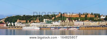 NIZHNY NOVGOROD RUSSIA - JUNE 2016: Nizhny Novgorod panoramic view. View of the Nizhnevolzhsk embankment and Nizhny Novgorod Kremlin.