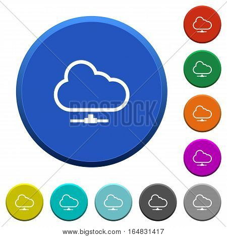 Cloud network round color beveled buttons with smooth surfaces and flat white icons