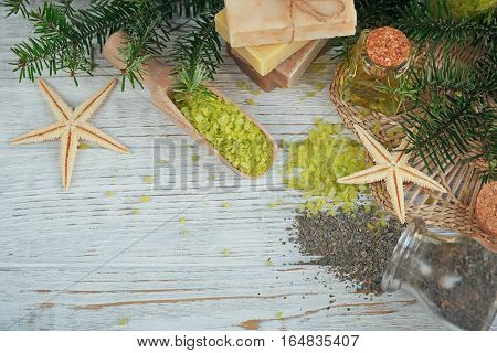 Natural Sea Salt And Handmade Soap Branch Of Pine