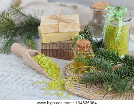 Natural Sea Salt And Handmade Soap Branch Of Pine
