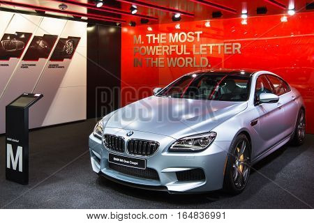 DETROIT MI/USA - JANUARY 9 2017: A 2017 BMW M6 Gran Coupe car at the North American International Auto Show (NAIAS).