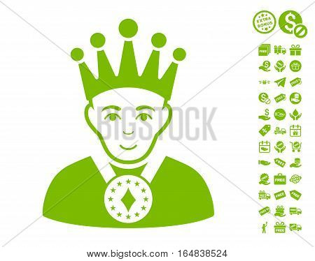 King icon with free bonus graphic icons. Vector illustration style is flat iconic symbols eco green color white background.