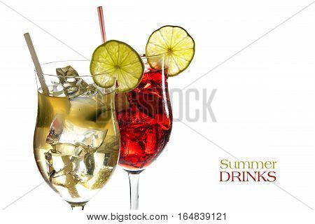 Red and yellow cocktail fresh mixed drinks from juice of limonene grapefruit cherries berries and ice with or without alcohol isolated on a white background sample text Summer Drinks selective fokus narrow depth of field