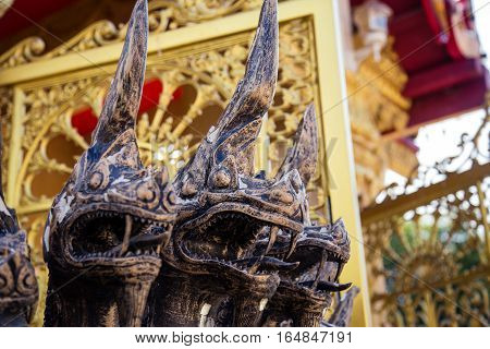 Closeup Naga statue in Plublic Temple Thailand.