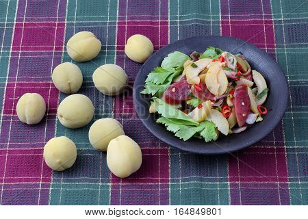 Spicy Sour Chinese Sausage Salad With Peach Honey - Compote .