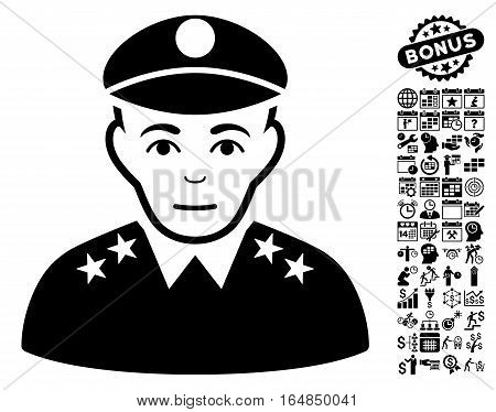 Army General icon with bonus business time management and calendar design elements. Vector illustration style is flat iconic symbols black color white background.