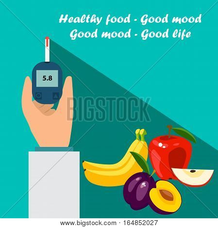 Very high quality original trendy vector flat illustration Blood test or glaucometer, glucose meter with healty food