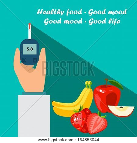 Very high quality original trendy vector flat illustration Blood test or glaucometer, glucose meter with healty food